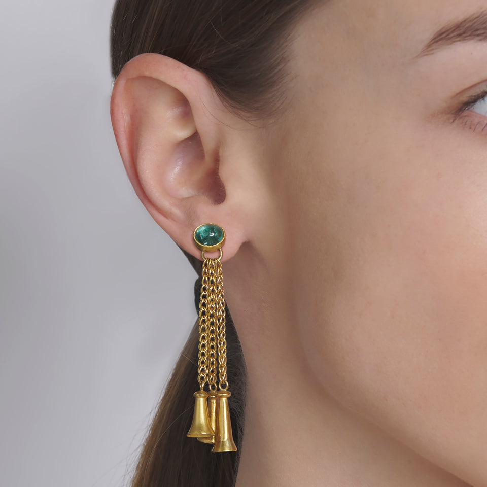 Triple Golden Bells with Green Tourmaline Earrings