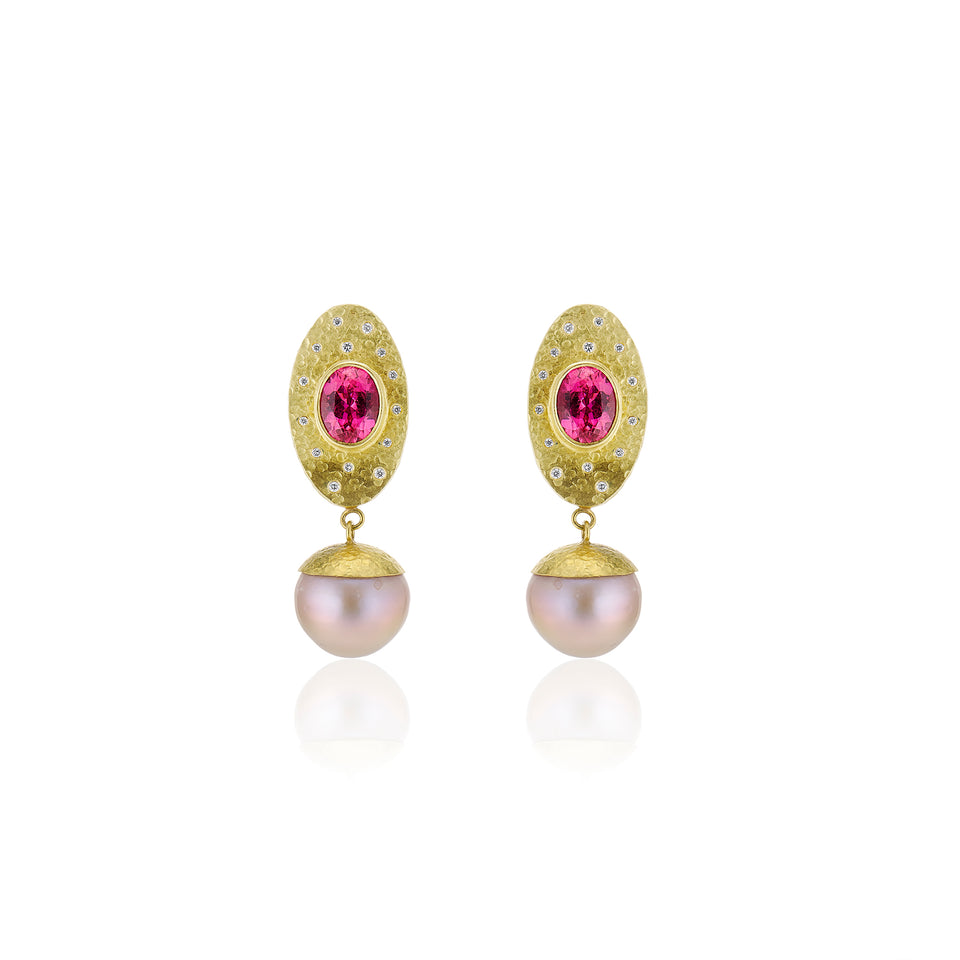 Rubellite, Diamond & Lavender Pearl Earrings